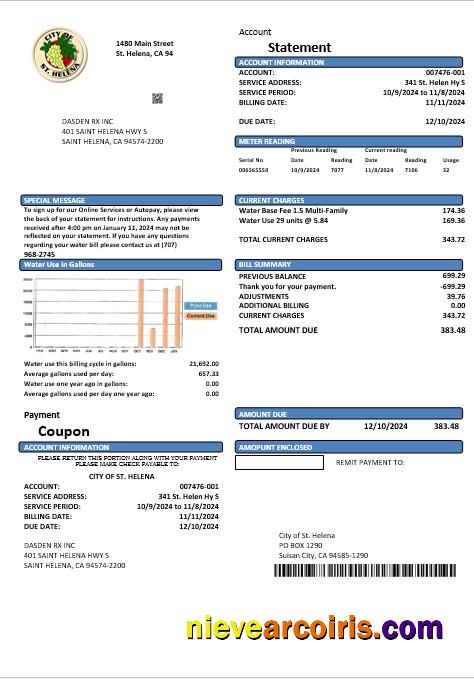 USA California City of St Helena business utility bill